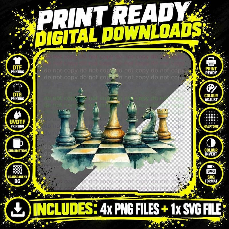 Antique Chess Pieces on Board Strategy King Game Player Png SVG Digital Bundle