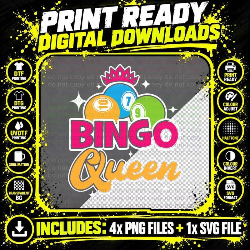 Bingo Queen Bingo Player Casino Gambling Lottery T-Shirt Png SVG Digital Bundle