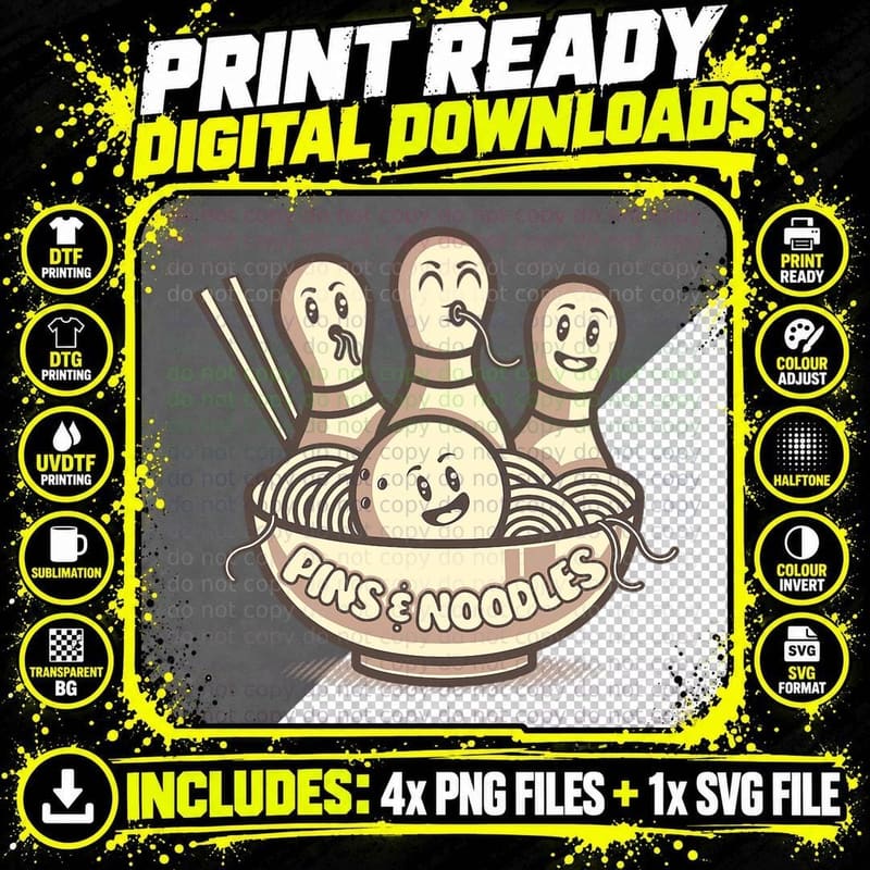 Bowling Ball & Pins in Ramen Bowl T-Shirt Png SVG Digital Bundle