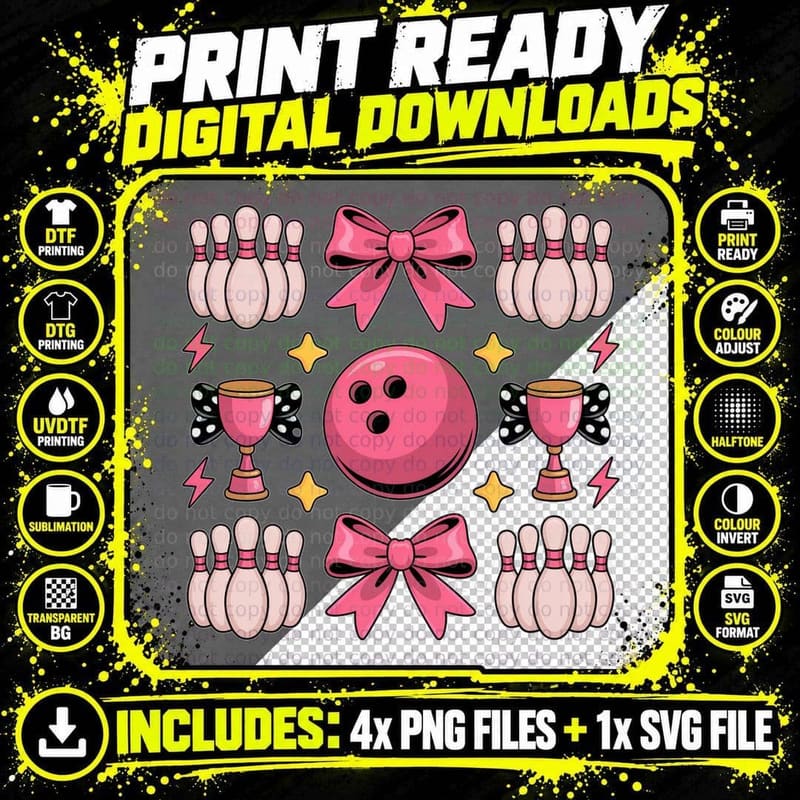Bowling Pins & Pink Bow Bowling T-Shirt Png SVG Digital Bundle