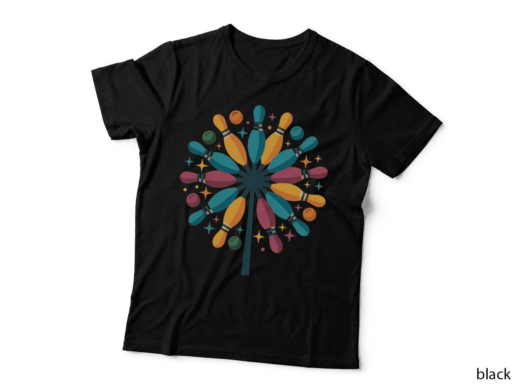 Bowling Pins and Balls in a Burst Pattern Bowling T-Shirt, Bowling Graphic Tee