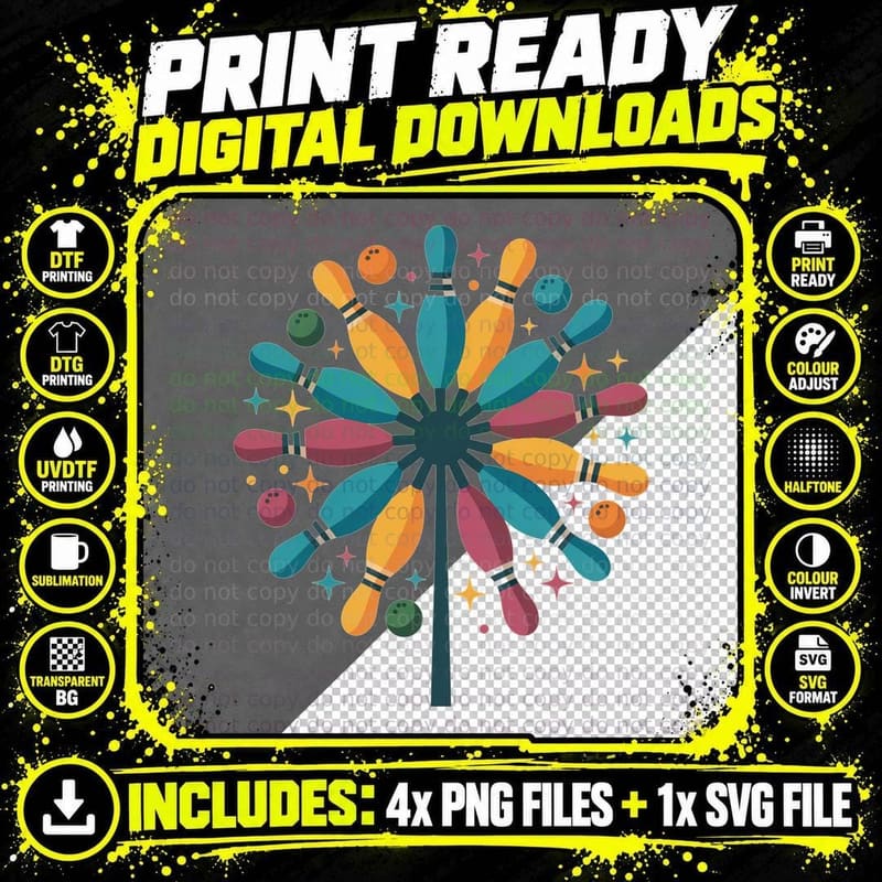 Bowling Pins and Balls in a Burst Pattern Bowling Png SVG Digital Bundle