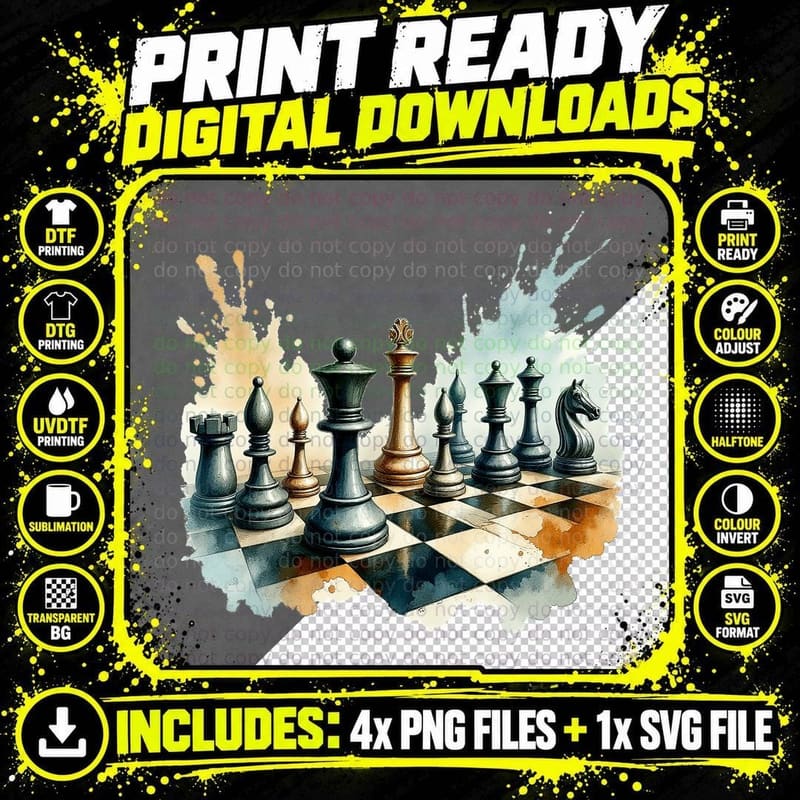 Chess Game Board Pieces Strategy Player Gift Png SVG Digital Bundle