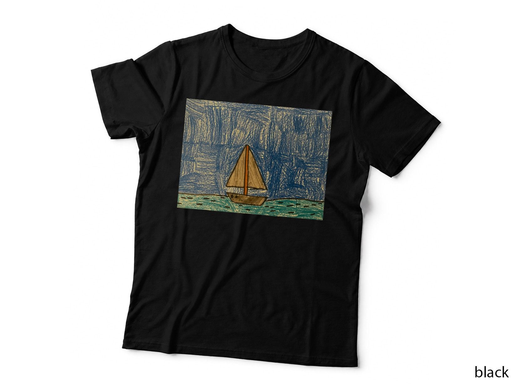 Crayon Sailboat Art T-Shirt, Ocean Drawing Cute Novelty Boat, Nautical