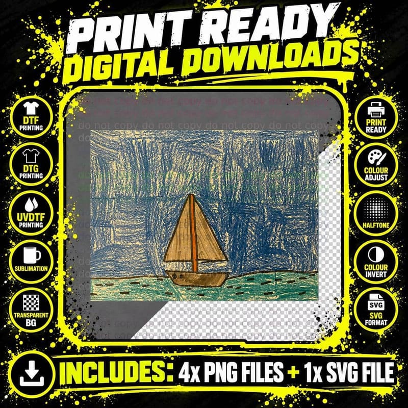 Crayon Sailboat Art T-Shirt, Ocean Drawing Cute Novelty Png SVG Digital Bundle