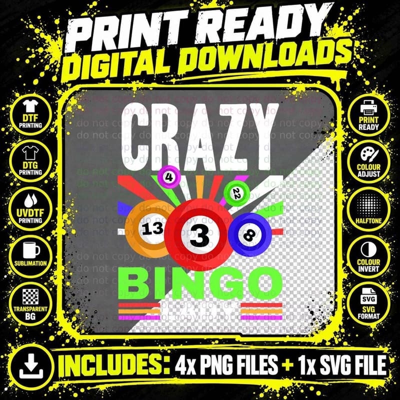 Crazy Bingo Lady Casino Gambling Lottery Women Bingo Png SVG Digital Bundle