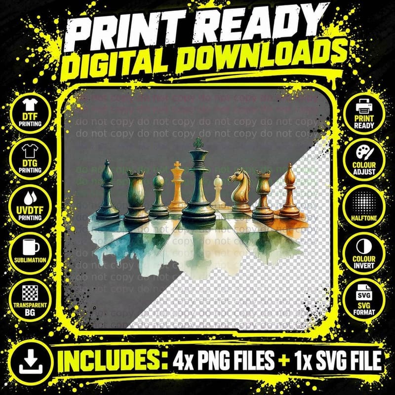 Dark Chess Pieces on Board Strategy Game Player Gift Png SVG Digital Bundle