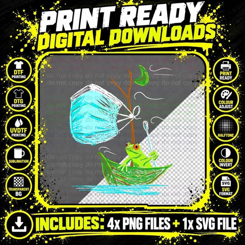Frog Sailing a Tiny Leaf Boat with a COVID Mask for a Png SVG Digital Bundle