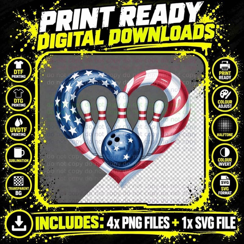 Patriotic Bowling Heart Bowling T-Shirt Png SVG Digital Bundle