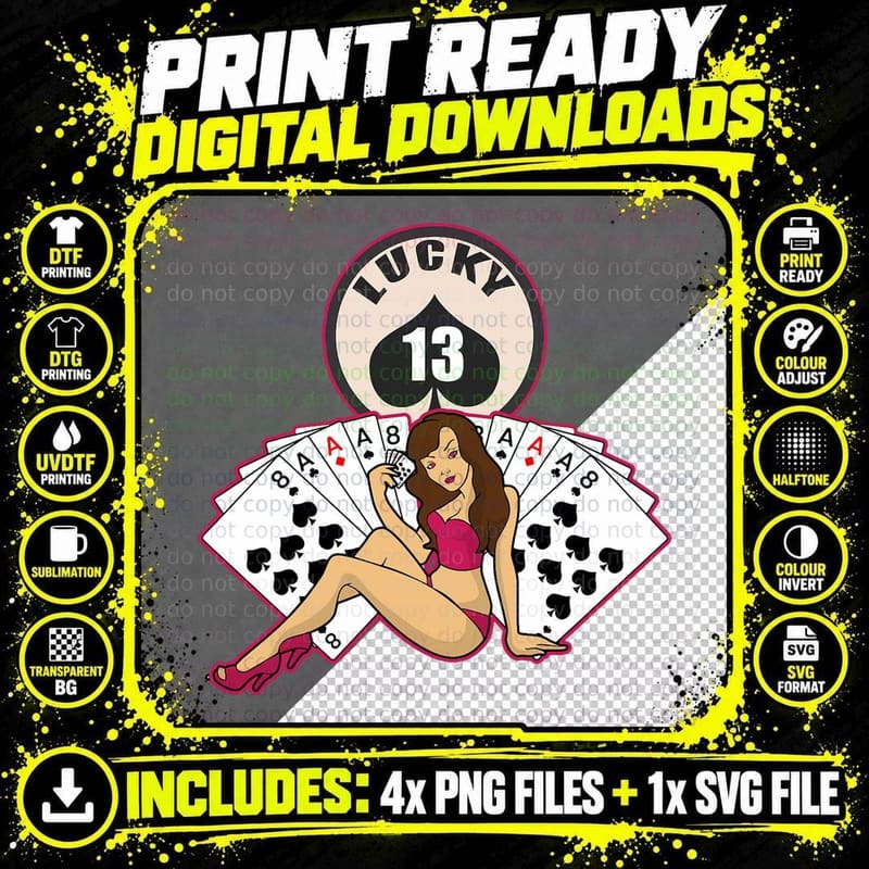 Poker - Pin up Girl - Lucky 13 T-Shirt Png SVG Digital Bundle