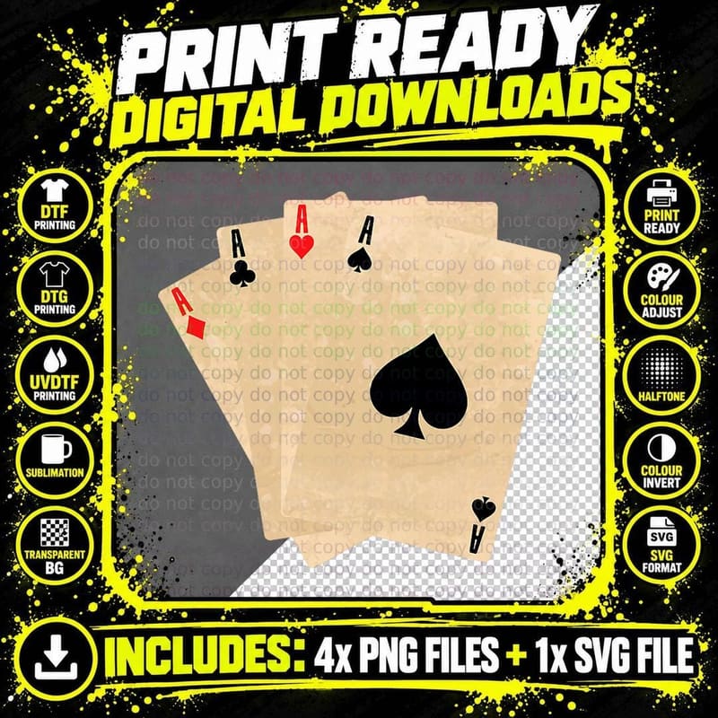 Poker Cards Aces Heart Spades Cross Diamonds T-Shirt Png SVG Digital Bundle