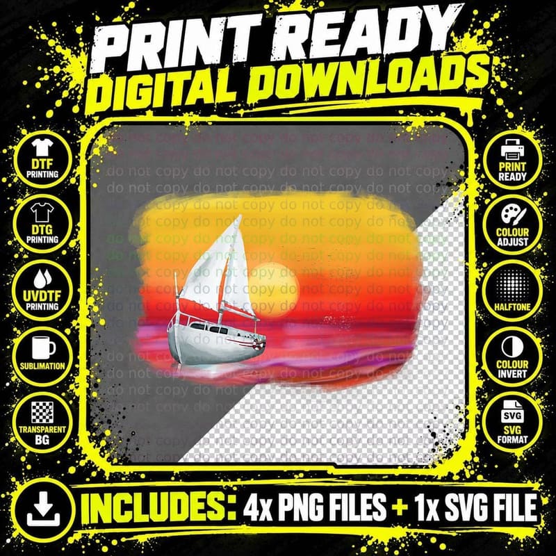 Sailboat Sunset Over Sea Sailing Lover Colorful Sail Png SVG Digital Bundle