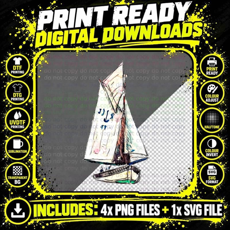 Sailing Boat Drawing, Gift Idea for Water Sports Sailors Png SVG Digital Bundle