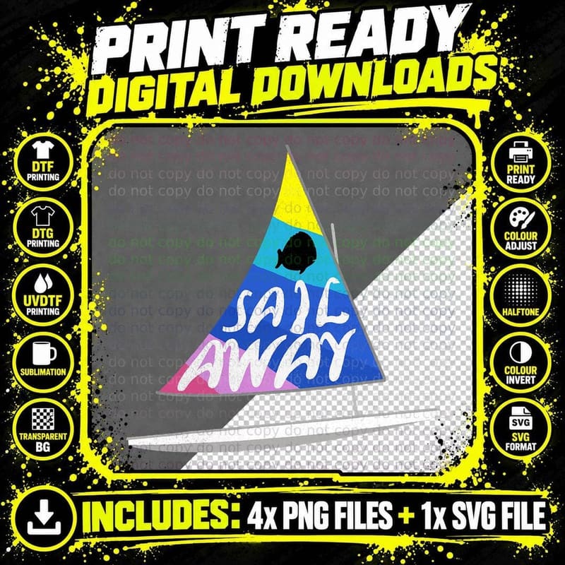 Sunfish Sailboat Sail Away Sailing Rainbow T-Shirt Png SVG Digital Bundle