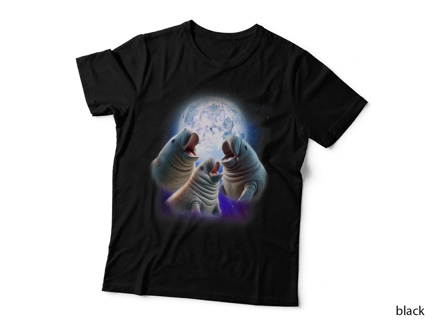 3 Manatees Howling at the Moon Funny Manatee Chubby Mermaid T-Shirt