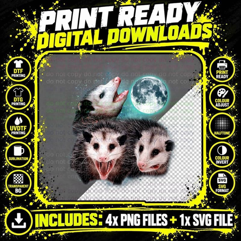 3 Opossum Moon Howling Opossum Head Funny for Men Png SVG Digital Bundle