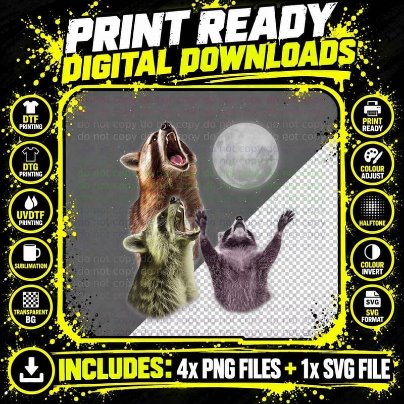3 Raccoon Moon Howling Funny Racoon Animal Lover Png SVG Digital Bundle