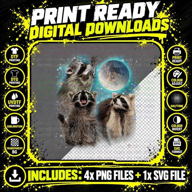 3 Racoon Moon Howling Raccoon Head Funny for Men, Women Png SVG Digital Bundle