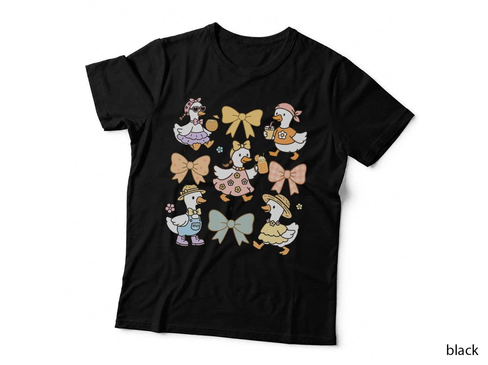 Adorable Duck Illustrations with Bows Funny Goose T-Shirt