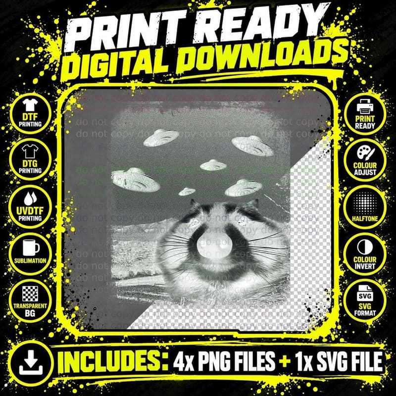 Alien UFO Racoon Meme Funny, Space Themed, Sci-Fi Humor Png SVG Digital Bundle