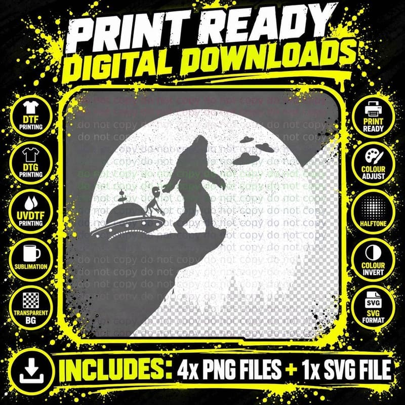 Alien and Bigfoot UFO Funny Sasquatch UFO Png SVG Digital Bundle
