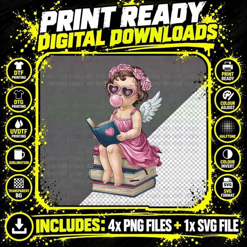 Angelic Cherub Reading Books Funny Girl T-Shirt Png SVG Digital Bundle