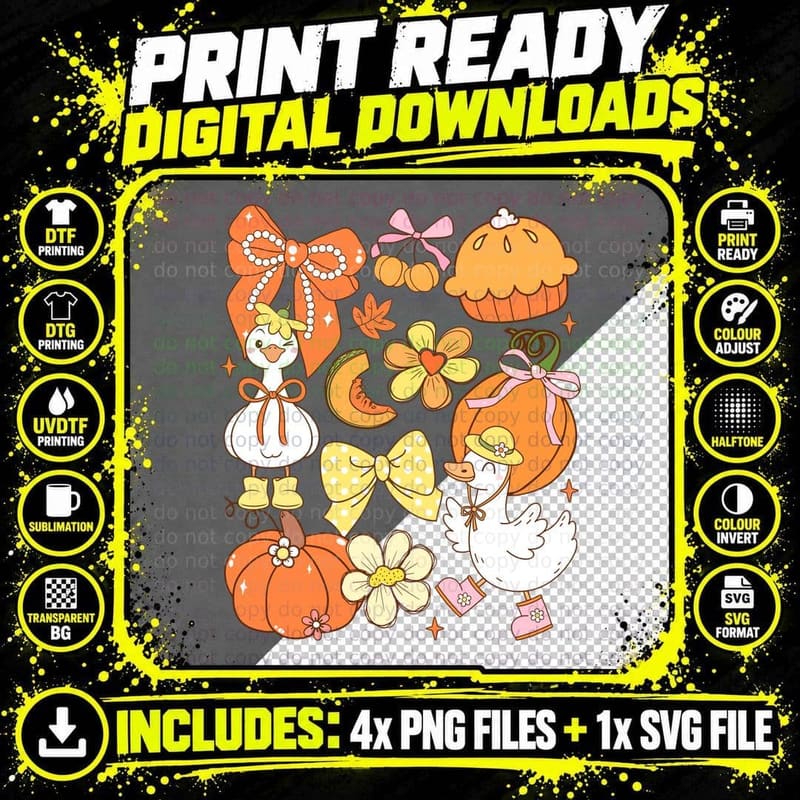 Autumnal Ducks with Pumpkins and Bows Funny Goose T-Shirt Png SVG Digital Bundle