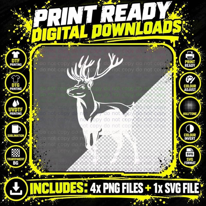 Black Deer Silhouette on Gray Background Art T-Shirt Png SVG Digital Bundle
