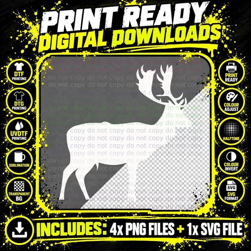 Black Deer Silhouette on Gray Background T-Shirt Png SVG Digital Bundle