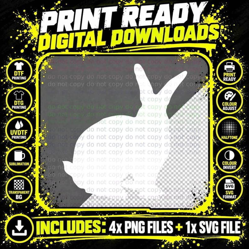 Black Rabbit Silhouette on Gray Background T-Shirt Png SVG Digital Bundle