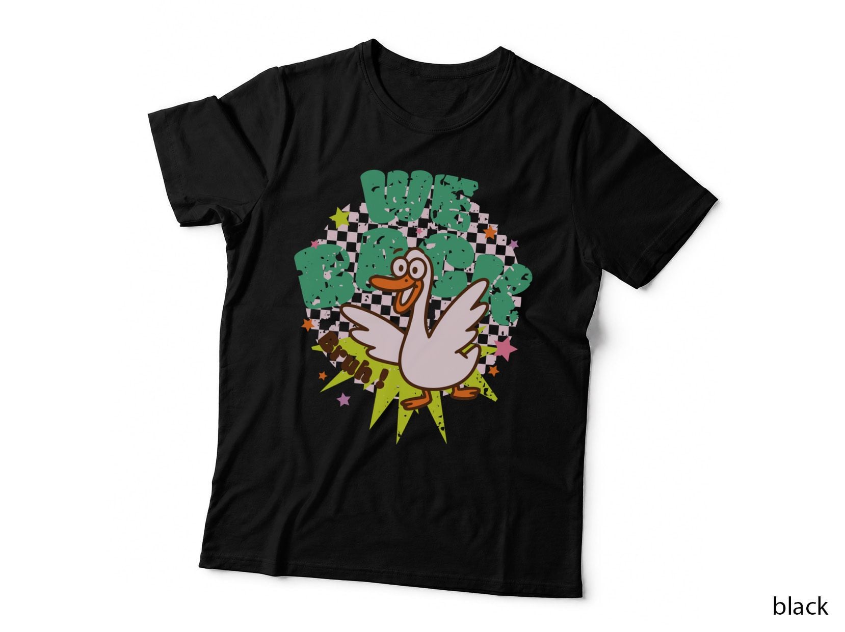 Bruh! Funny Goose T-Shirt, Cartoon Duck Flying with Stars Graphic Tee