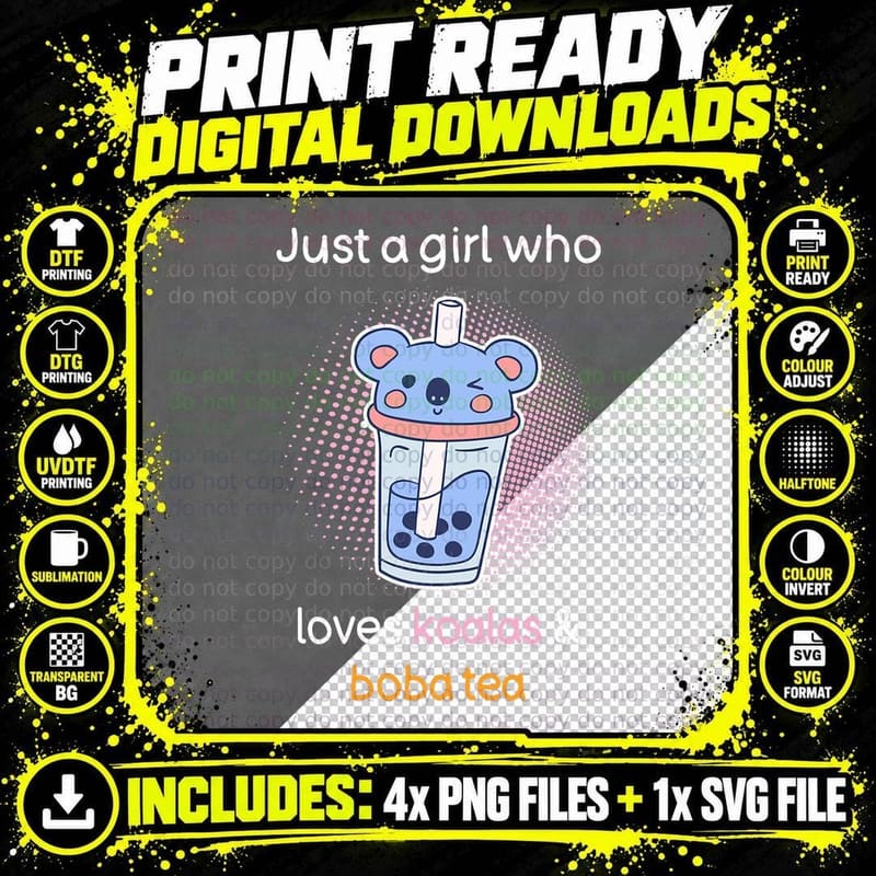 Bubble Tea Funny Girls Koala Lover Koalas and Boba Tea Png SVG Digital Bundle