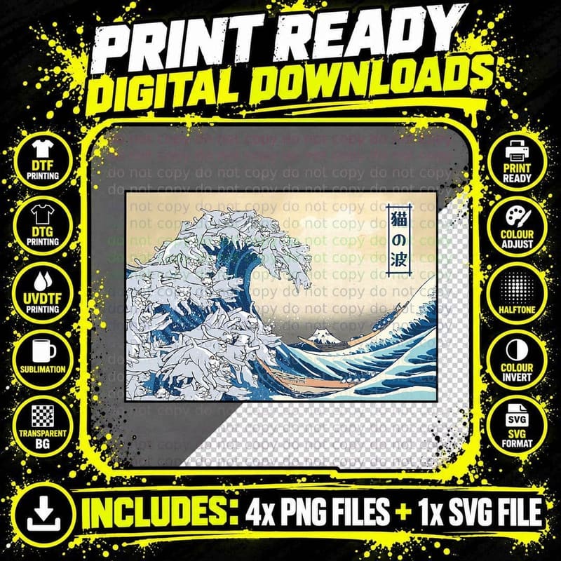 Cats Surfing Japanese Great Wave of Kanagawa Funny Cats Png SVG Digital Bundle