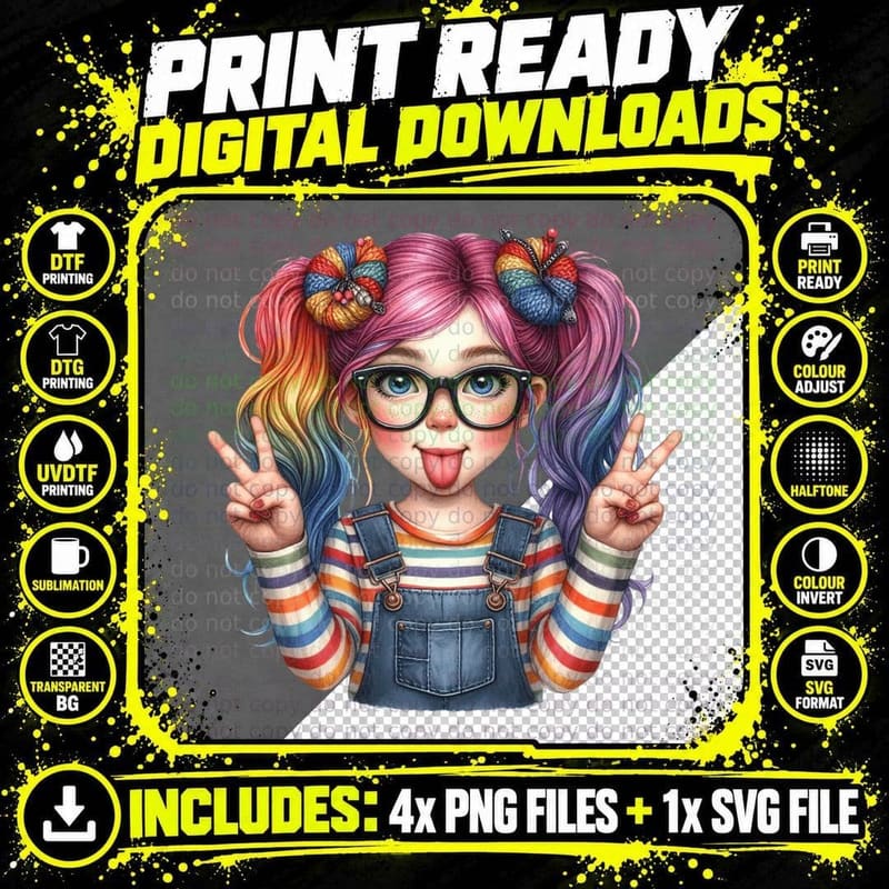 Colorful Girl with Rainbow Hair Making Peace Signs Funny Png SVG Digital Bundle