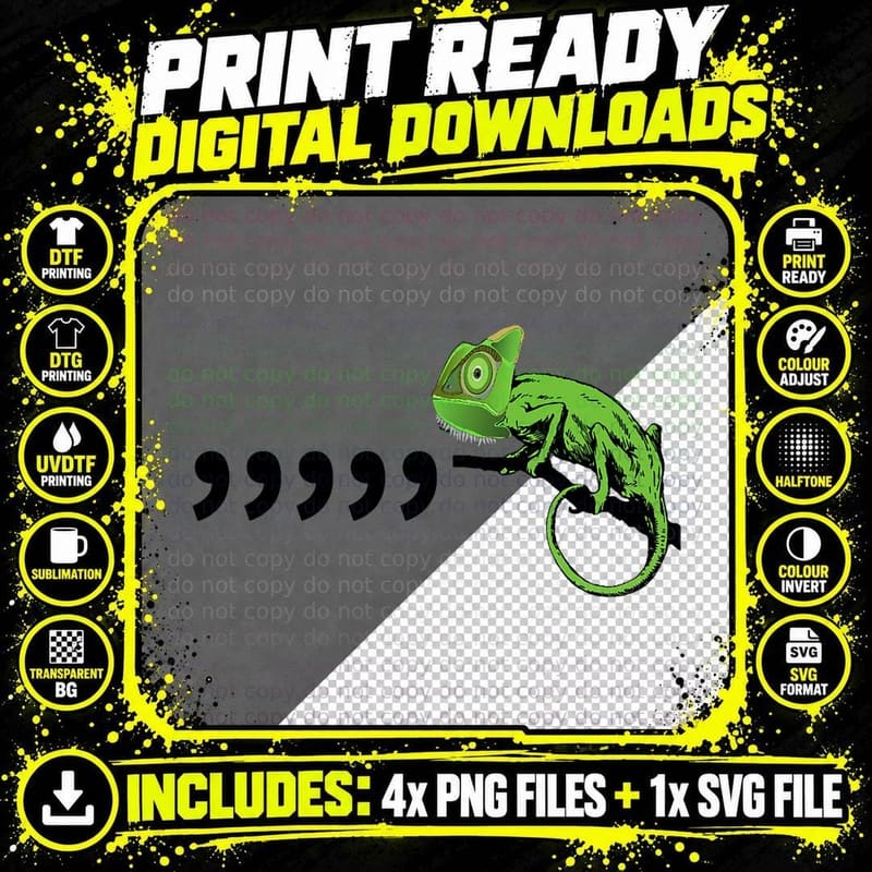 Comma Chameleon Funny 80's Retro Throwback, Vintage Png SVG Digital Bundle