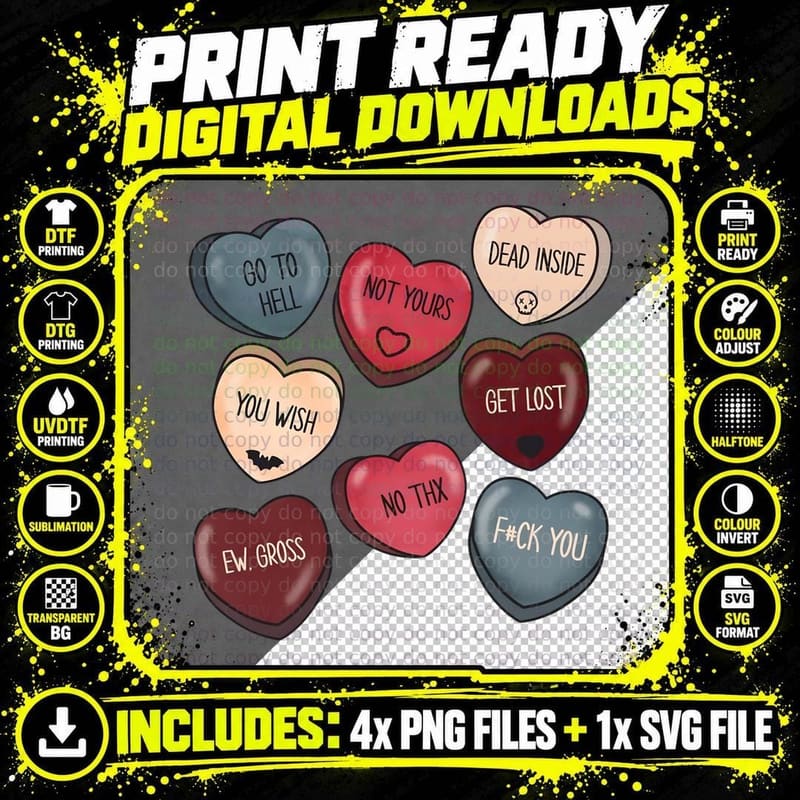 Conversation Hearts Go to Hell Not Yours Dead Inside Get Png SVG Digital Bundle
