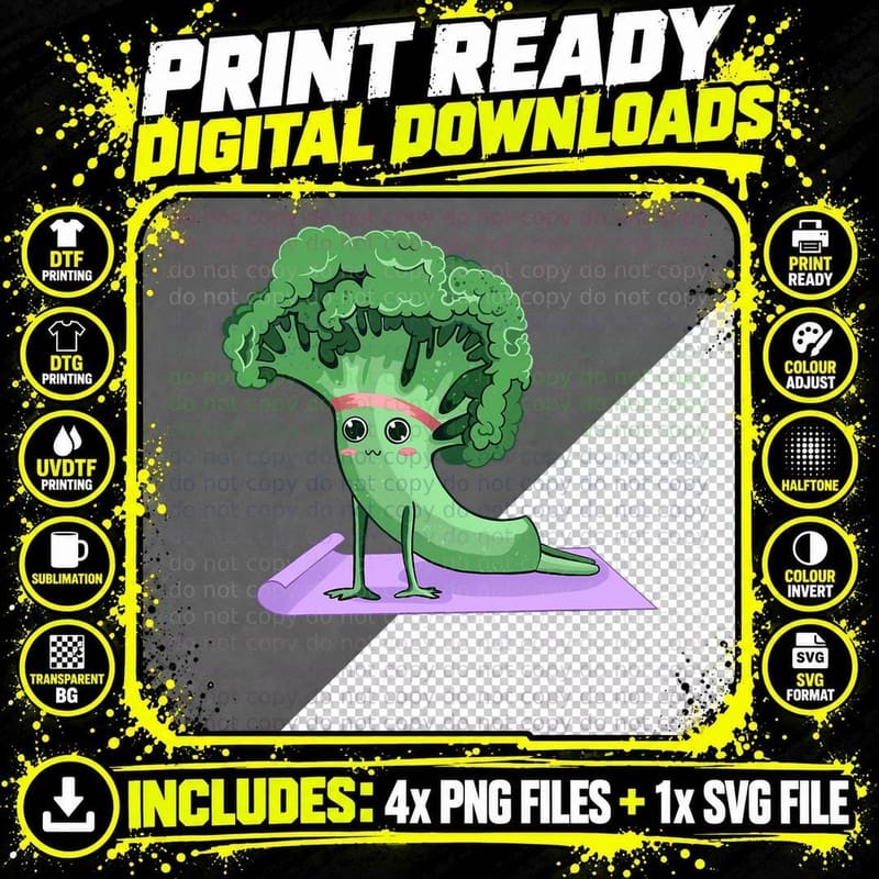Cute Broccoli Yoga Pose Funny Yogi Broccoli Lover Png SVG Digital Bundle