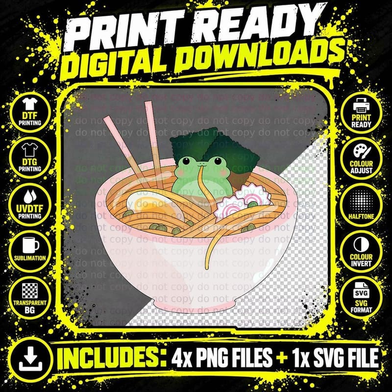 Cute Frog Ramen, Funny Foodie Gift, Japanese Noodle Art Png SVG Digital Bundle