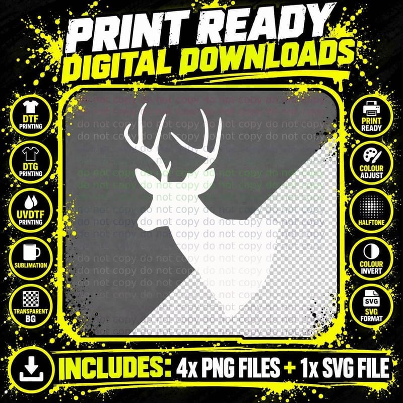 Deer Head Silhouette Art T-Shirt, Trendy Graphic Tee Png SVG Digital Bundle