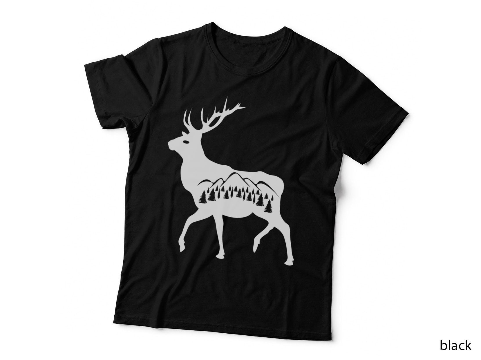 Deer Silhouette with Forest and Mountains T-Shirt, Trendy Graphic Tee