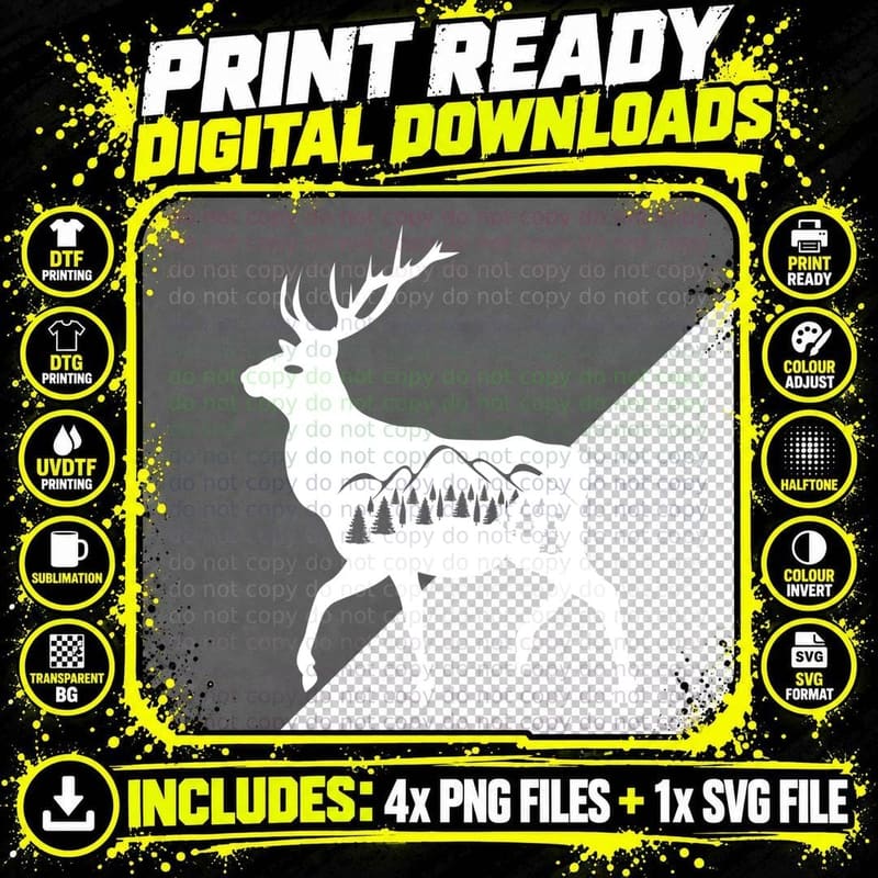 Deer Silhouette with Forest and Mountains T-Shirt Png SVG Digital Bundle