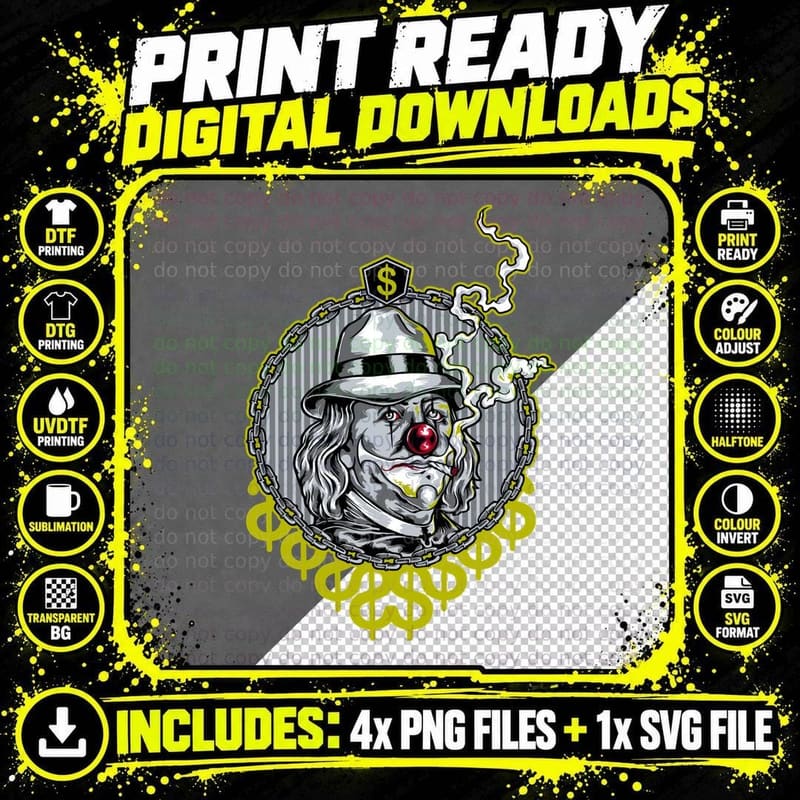 Dollar Clown Face Chain Money Humor T-Shirt Png SVG Digital Bundle