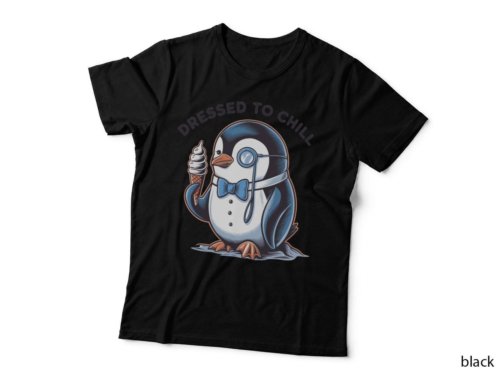 Dressed to Chill Sarcastic Animal T-Shirt, Penguin in Tuxedo Holding Ice Cream