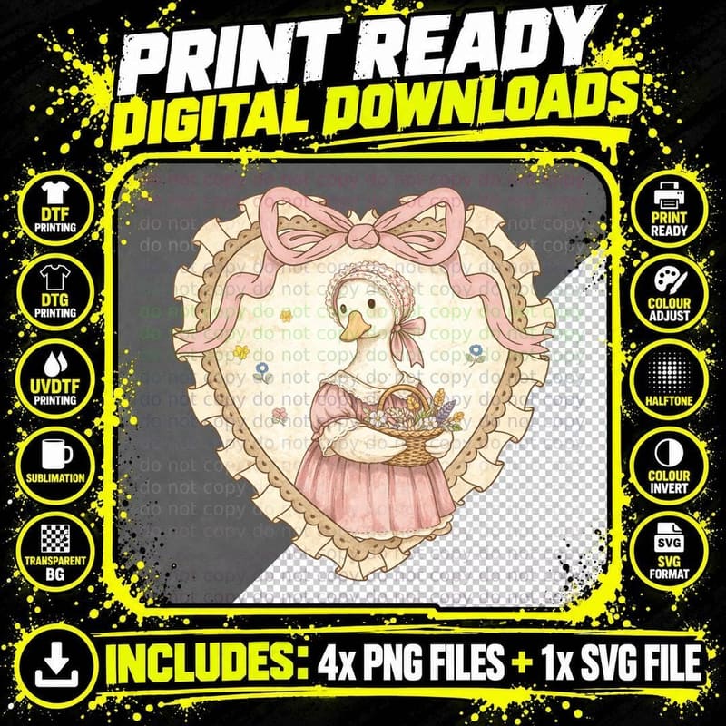 Duck in Victorian Attire Holding Flowers Funny Goose Png SVG Digital Bundle