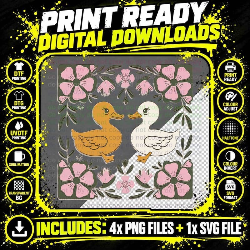 Ducks Among Pink Flowers Funny Goose T-Shirt Png SVG Digital Bundle
