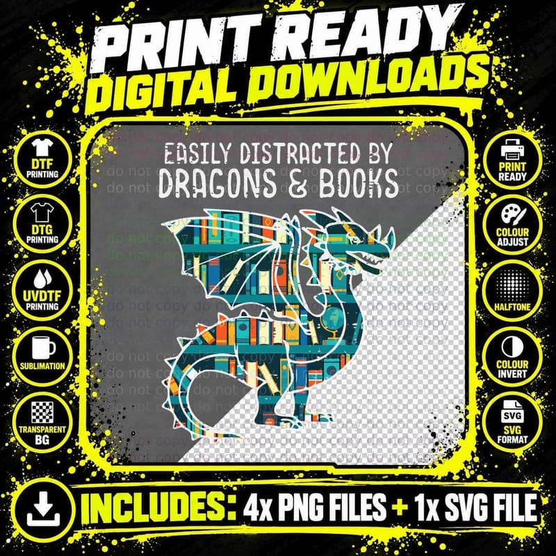 Easily Distracted by Dragons Books Funny Reading Png SVG Digital Bundle