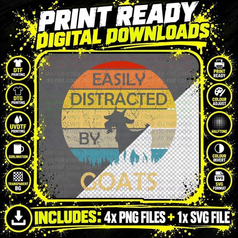 Easily Distracted by Goats Retro Vintage Funny Goat Png SVG Digital Bundle