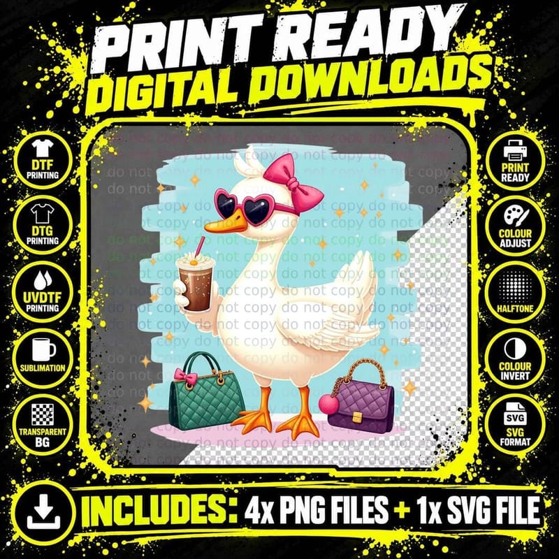 Fashionable Duck Holding Drink with Bags Funny Goose Png SVG Digital Bundle