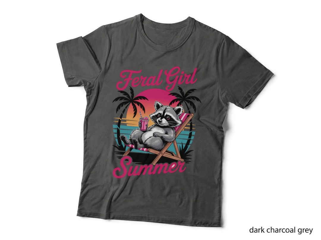 Feral Girl Summer Funny Girl T-Shirt, Raccoon Lounging with Drink Graphic Tee