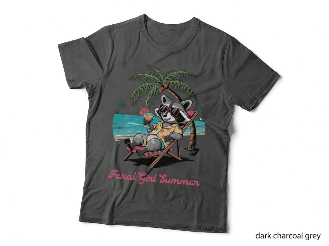 Feral Girl Summer Funny Girl T-Shirt, Raccoon Relaxing in Beach Chair Graphic